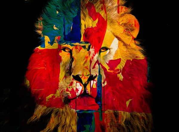 Kleurrijke Illustratie Van Een Wilde Leeuw Hoofd Met Lang Haar — Stockfoto