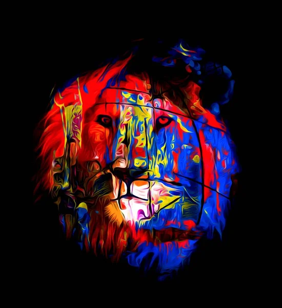 Bunte Illustration Eines Löwen Mit Langen Bunten Haaren Der Dunkelheit — Stockfoto