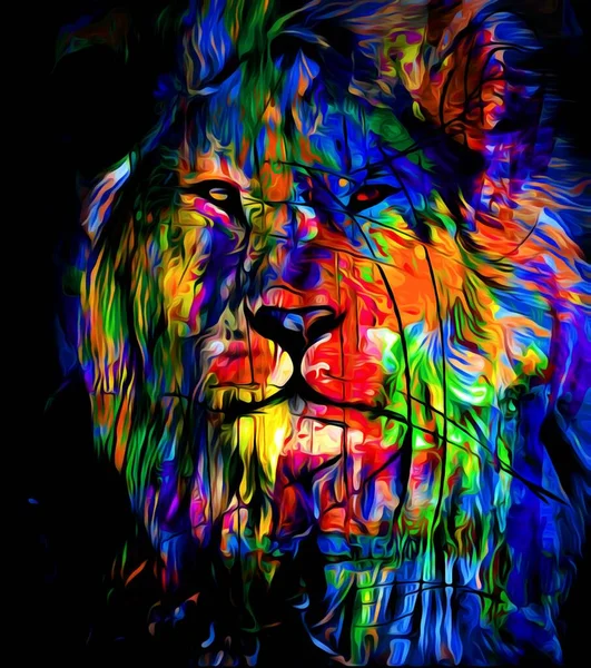 Retrato Colorido Ilustración León Con Pelo Largo Colorido Oscuridad —  Fotos de Stock