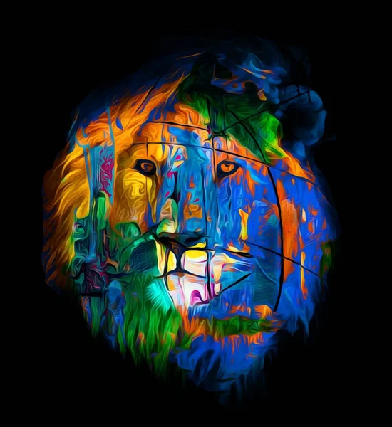 Ilustración Colorida León Con Pelo Largo Colorido Oscuridad —  Fotos de Stock