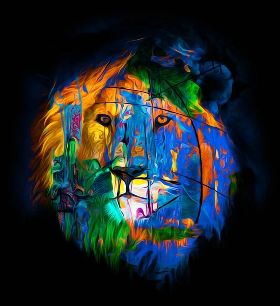 Красочная Портретная Иллюстрация Льва Длинными Красочными Волосами Темноте — стоковое фото