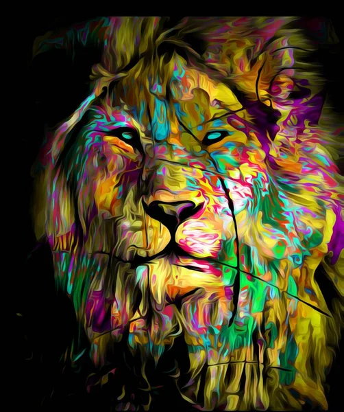 Retrato Colorido Ilustración León Con Pelo Largo Colorido Oscuridad —  Fotos de Stock