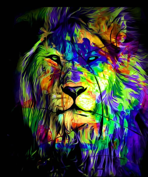 Красочная Портретная Иллюстрация Льва Длинными Красочными Волосами Темноте — стоковое фото