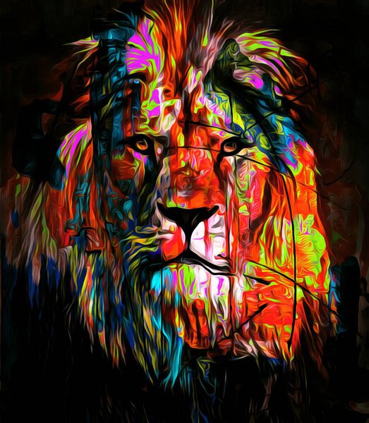 Colorful illustration of a lion with long colorful hair in darkness,