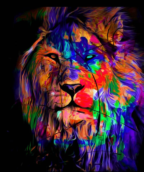 Πολύχρωμο Πορτρέτο Απεικόνιση Ενός Λιονταριού Μακριά Πολύχρωμα Μαλλιά Στο Σκοτάδι — Φωτογραφία Αρχείου