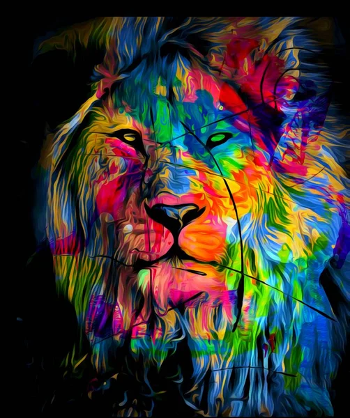 Ilustração Colorida Leão Com Longos Cabelos Coloridos Escuridão — Fotografia de Stock