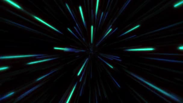 在黑色背景上快速移动的射线 将深绿色和蓝色的无限光粒子移动到无限远的地方 — 图库视频影像