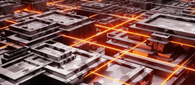 Aydınlatıcı kabloların ve küplerin birleşimi yüzüyor. Fütürist teknoloji ya da siber ağ veri aktarım konsepti. 3B görüntüleme