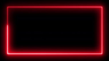 Koyu arkaplanda parlak efektler olan neon dikdörtgen çerçeve. Boş parlayan tekno fon. Video canlandırması.