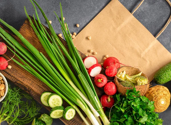 Paper Bag Fresh Food Cooking Healthy Food Fresh Vegetables Herbs — Fotografia de Stock