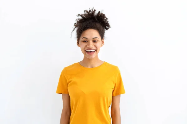 Portrait Young Funny Positive Smiling African American Woman Dressed Yellow — стоковое фото