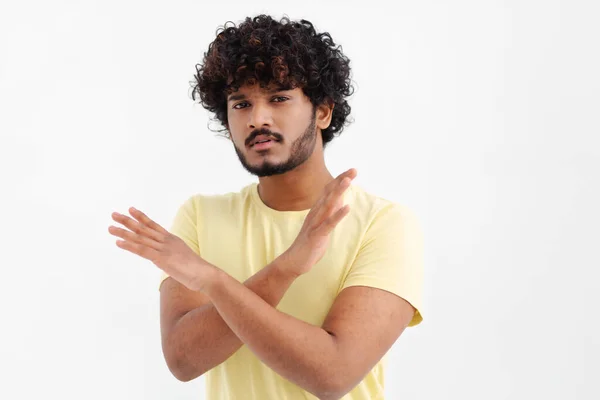 Portrait Young Asian Man Showing Gesture Looking Camera White Background — Stok fotoğraf