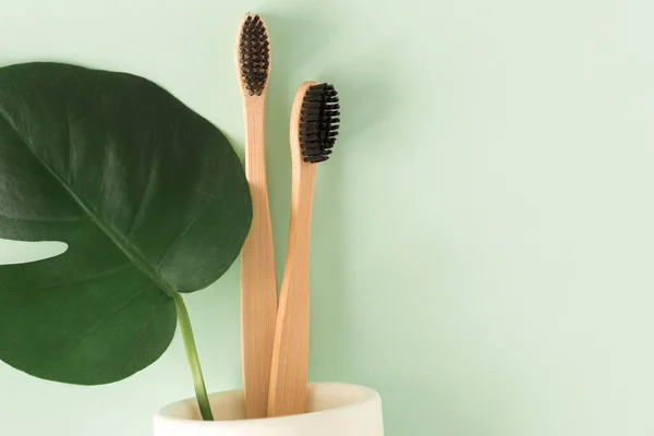 Zero Waste Concept Top View Natural Eco Bamboo Toothbrush Monstera — Foto Stock