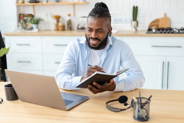 Portrait Smiling African American Confident Businessman Using Laptop Computer Taking — Stock Fotó