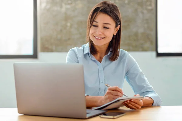 Positive Caucasian Woman Freelancer Manager Sitting Workplace Office Participates Online — Fotografia de Stock