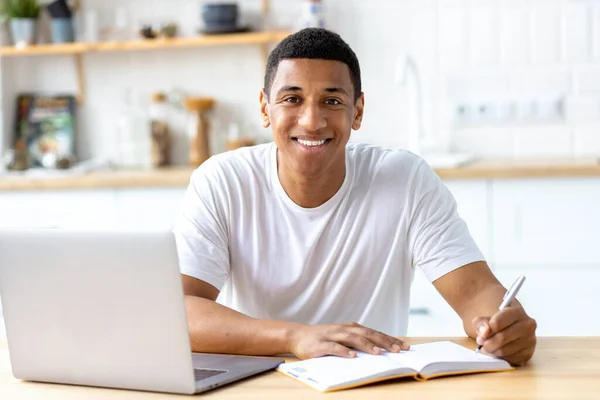 Smiling African American Male Student Freelancer Studying Remotely Home Using — Stock Fotó