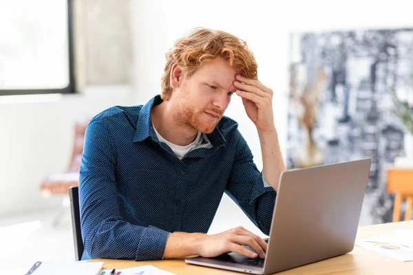 Portrait Puzzled Tired Stressed Young Man Sitting Workplace Office Depression —  Fotos de Stock