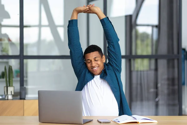 Young African American Businessman Man Working Sitting Workplace Office Stretching — Stock Fotó