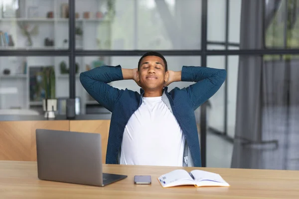 Young Businessman Working Sitting Office Workplace Laptop Stretching His Back — Photo