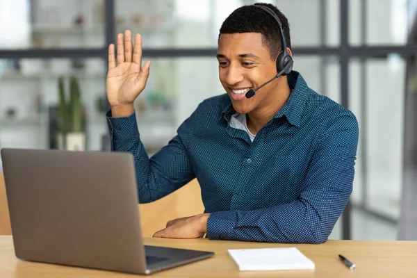 Successful African American Man Headset Office Employee Call Center Worker — Stock Fotó