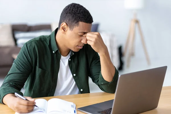 Close Portrait Tired Stressed African American Man Having Headache Feeling — Stok fotoğraf