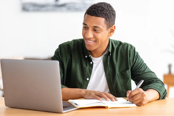 Smiling Male Student Freelancer Studying Remotely Home African American Male — Stock Fotó