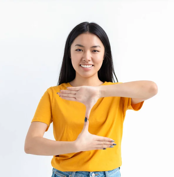 Глухонемая Молодая Азиатка Белом Фоне — стоковое фото