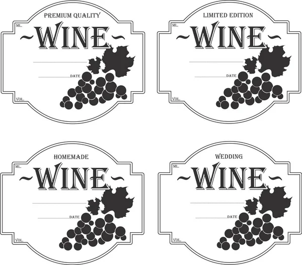 Şarap etiketleri vektör görüntüsünü ayarlar. Şarap şişesi cam üzümler siluet. Şarap etiketleri özel. Düğün için şarap etiketleri.