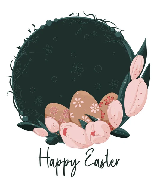 Laleli Paskalya çelengi ve paskalya yumurtaları vektör formatında. Mutlu Paskalya stoku imajı