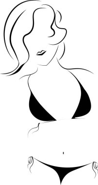 Bikini mayo giymiş bir kadın elbise giyer. Mayolu vektör hatları.