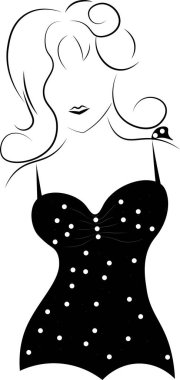Beyaz puantiyeli mayo giymiş bir kadın imaj yaratıyor. Mayo ya da iç çamaşırı vektör hatları.