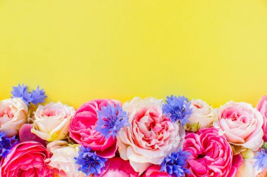 Composition of beautiful flowers, on yellow background. Flowers spring or summer frame. Colorful flowers festive background. Floral concept.