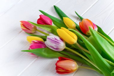 Beyaz ahşap masa zemininde fotokopi alanı olan laleler. Aşk, Anneler Günü, Kadınlar Günü ve Bahar Zamanı çiçek arkaplanı. Bahar doğası arka planı.