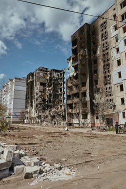 Destroyed buildings in the central square, Ukraine, Borodyanka. 30 April 2022