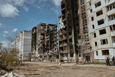 Destroyed buildings in the central square, Ukraine, Borodyanka. 30 April 2022