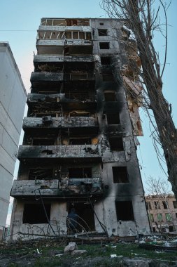 Rus birliklerinin Ukrayna 'daki hasarlı binası, Borodianka şehri 2022, 30 Nisan, Rus işgali Ukrayna şehri yıkıldı.