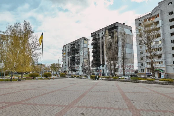 Zerstörte Gebäude Auf Dem Zentralen Platz Ukraine Borodyanka April 2022 — Stockfoto