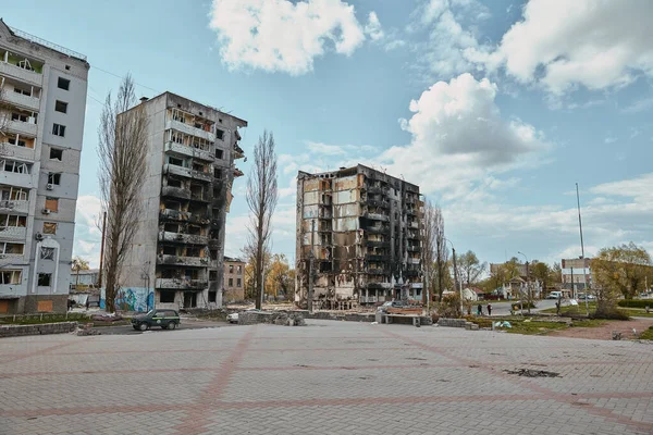Destroyed Buildings Central Square Ukraine Borodyanka April 2022 Stok Foto
