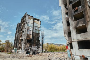 Rus birliklerinin Ukrayna 'daki hasarlı binası, Borodianka şehri 2022, 30 Nisan, Rus işgali Ukrayna şehri yıkıldı.