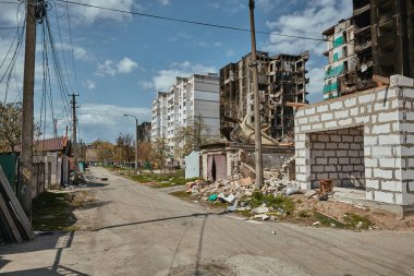 Rus birliklerinin Ukrayna 'daki hasarlı binası, Borodianka şehri 2022, 30 Nisan, Rus işgali Ukrayna şehri yıkıldı.