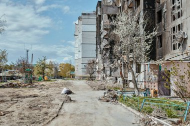 damaged building from Russian troops in Ukraine, city of Borodianka 2022, 30 april, Russian invasion of Ukraine war torn city.