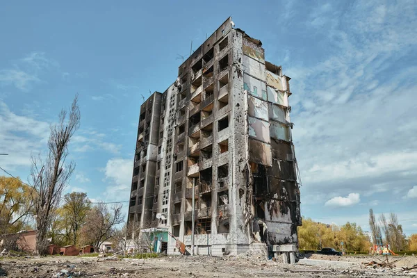 damaged building from Russian troops in Ukraine, city of Borodianka 2022, 30 april, Russian invasion of Ukraine war torn city.