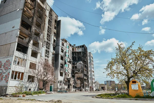 damaged building from Russian troops in Ukraine, city of Borodianka 2022, 30 april, Russian invasion of Ukraine war torn city.