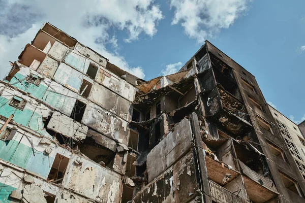 damaged building from Russian troops in Ukraine, city of Borodianka 2022, 30 april, Russian invasion of Ukraine war torn city.