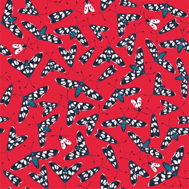 Butterflies and moths vector pattern with red background