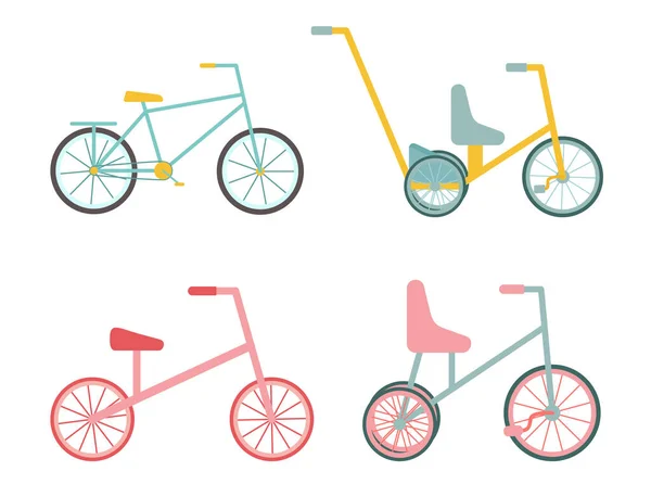 A set of bicycles for the whole family. A bike for children, balance bike, with a handle. Isolated object, element on a white background. Vector illustration in a flat style. Means of transport Stock Illustration