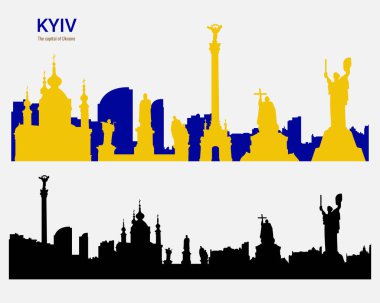 Ana anıtlar Kyiv şehrinin silueti. Siyah siluet ve Kyiv 'in sarı-mavi silueti. Kyiv 'in sembolü. Vektör illüstrasyonu