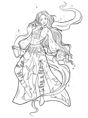 Güzel kostümlü, dalgalı saçlı bir cadı. Büyülü ve havada uçuyor. Etrafında sihirli titreşimler var. Peri masalı karakter tasarımı. Siyah ve beyaz vektör çizimi