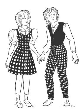 Hansel & Gretel. Erkek ve kız kardeş el ele tutuşuyor. Peri masalı karakterleri. Siyah ve beyaz vektör çizimi