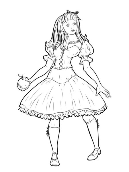 Белоснежка. Девушка стоит с укушенным яблоком в руке и теряет сознание. Сказочный дизайн персонажей. Векторная иллюстрация